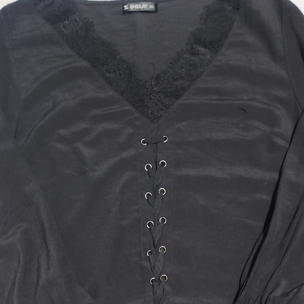 Shein Black Lace-Up V-Neck Top
